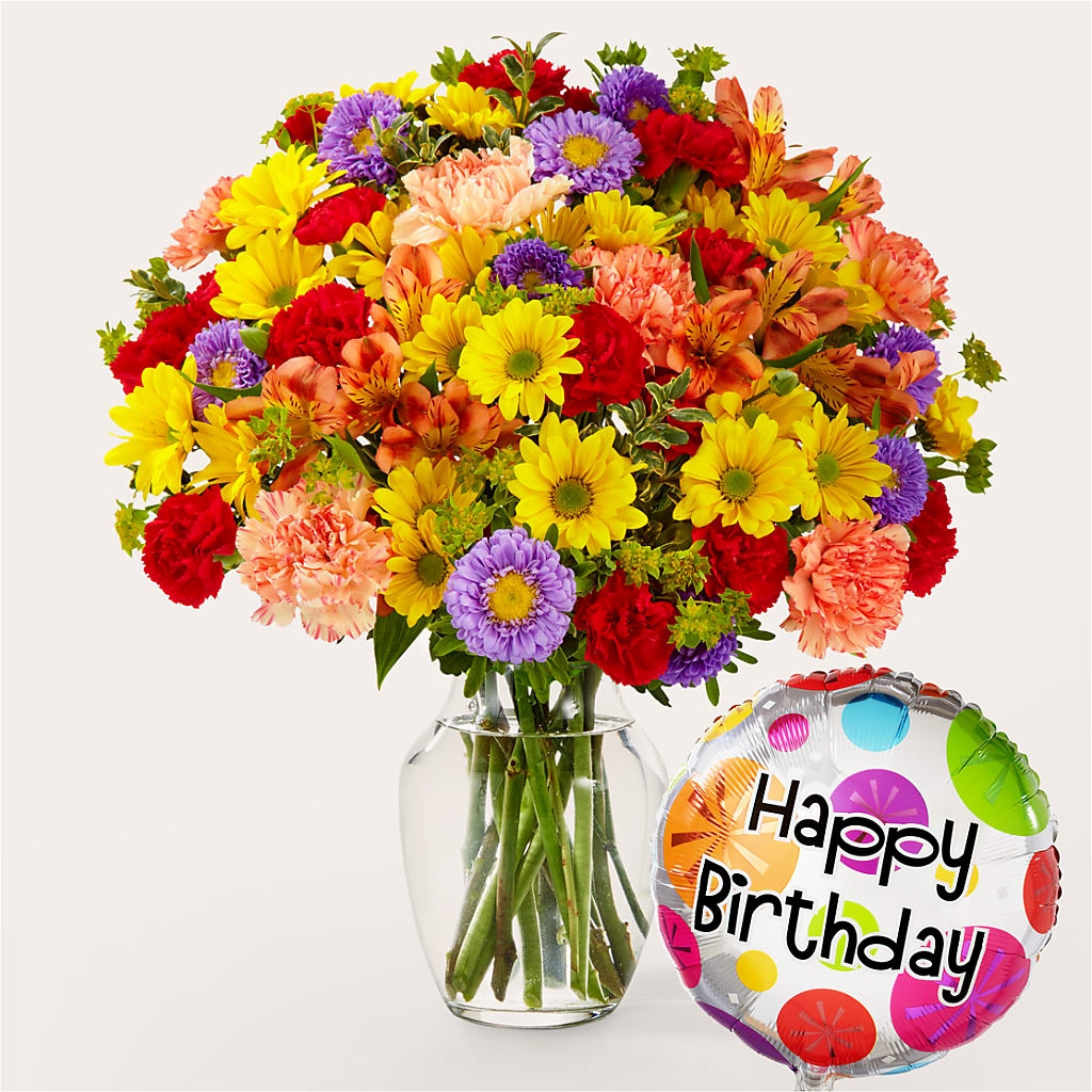 Kaleidoscope Bouquet with Birthday Balloon – Still Blooming, Santa Fe TX