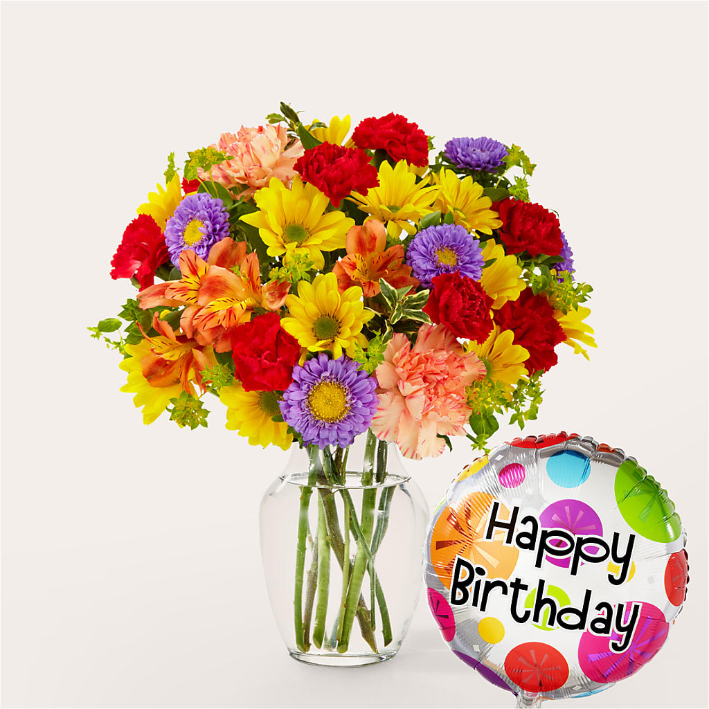 Kaleidoscope Bouquet with Birthday Balloon – Still Blooming, Santa Fe TX