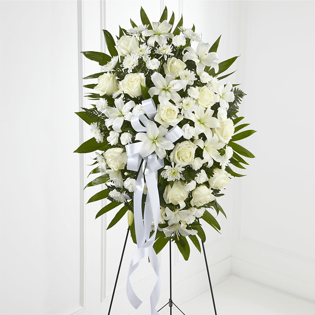 Exquisite Tribute Standing Spray-White Ribbon – Still Blooming, Santa Fe TX